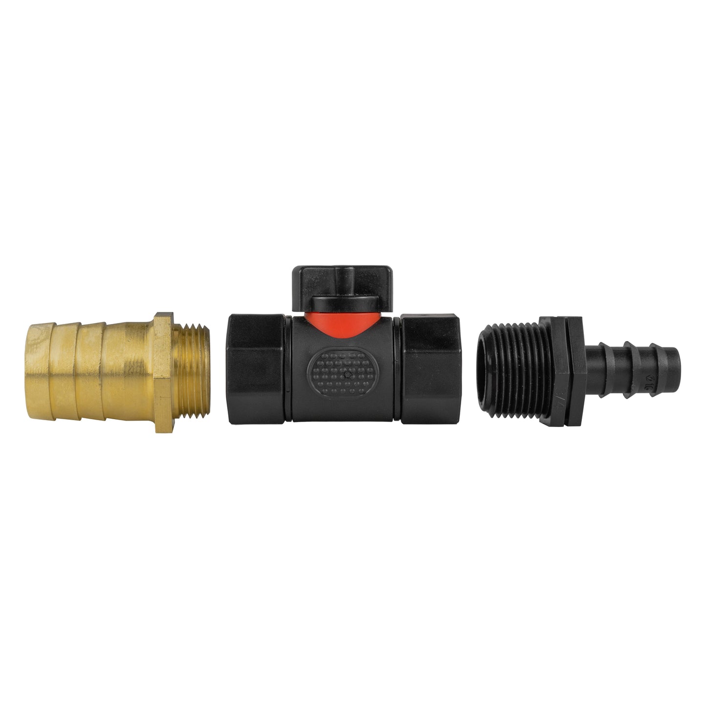 16mm Barbed Straight with In-Line BSPF Valve and 25mm Brass Barb Water Connector