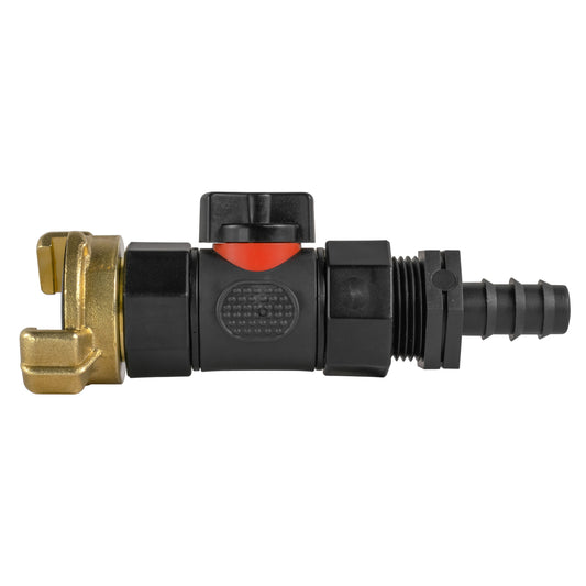 16mm Barbed Straight with In-Line BSPF Valve and Geka Type Connector Tap Adapter