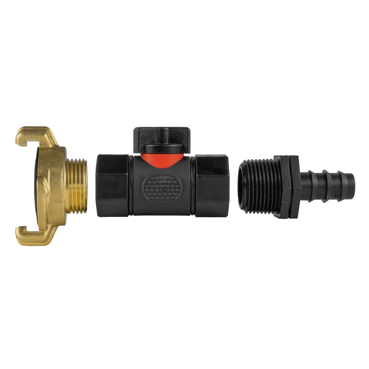 16mm Barbed Straight with In-Line BSPF Valve and Geka Type Connector Tap Adapter