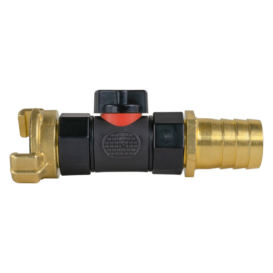 Geka Type Connector with In-Line BSPF Valve and 25mm Brass Barb Garden Hose Pipe