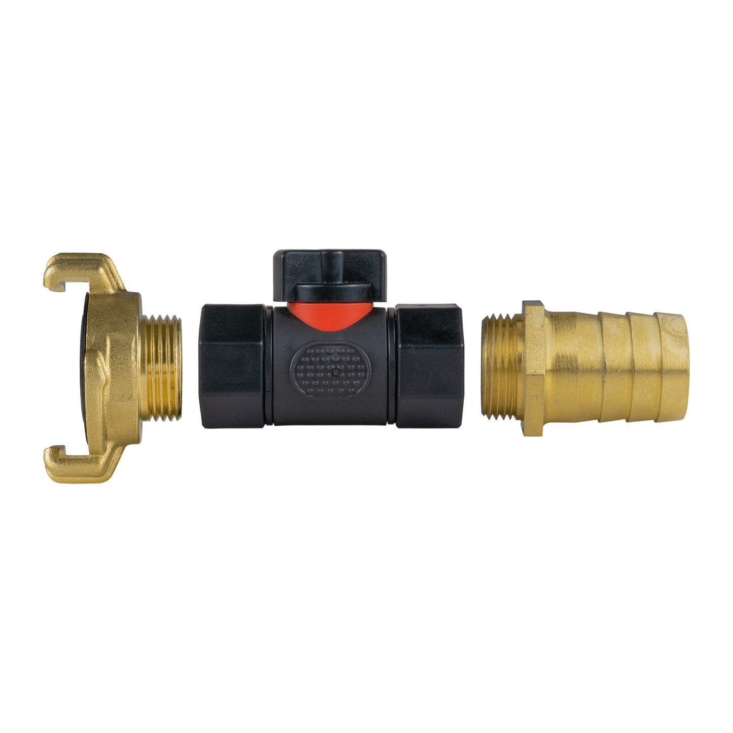 Geka Type Connector with In-Line BSPF Valve and 25mm Brass Barb Garden Hose Pipe