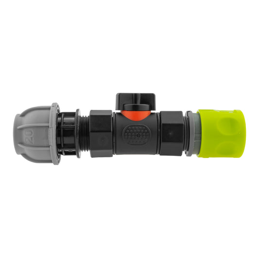 Hose Connector Lime with In-Line BSPF Valve and 20mm MDPE Straight Tap Adapter