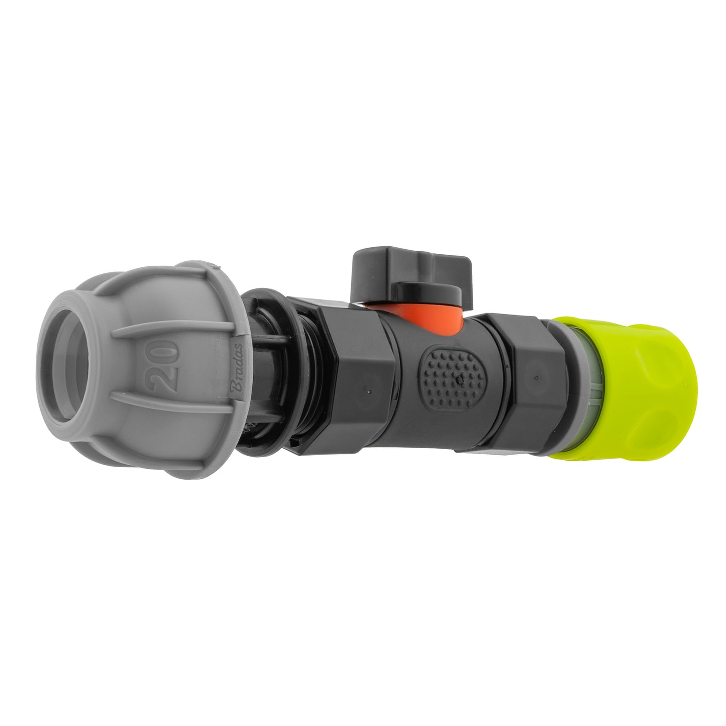 Hose Connector Lime with In-Line BSPF Valve and 20mm MDPE Straight Tap Adapter