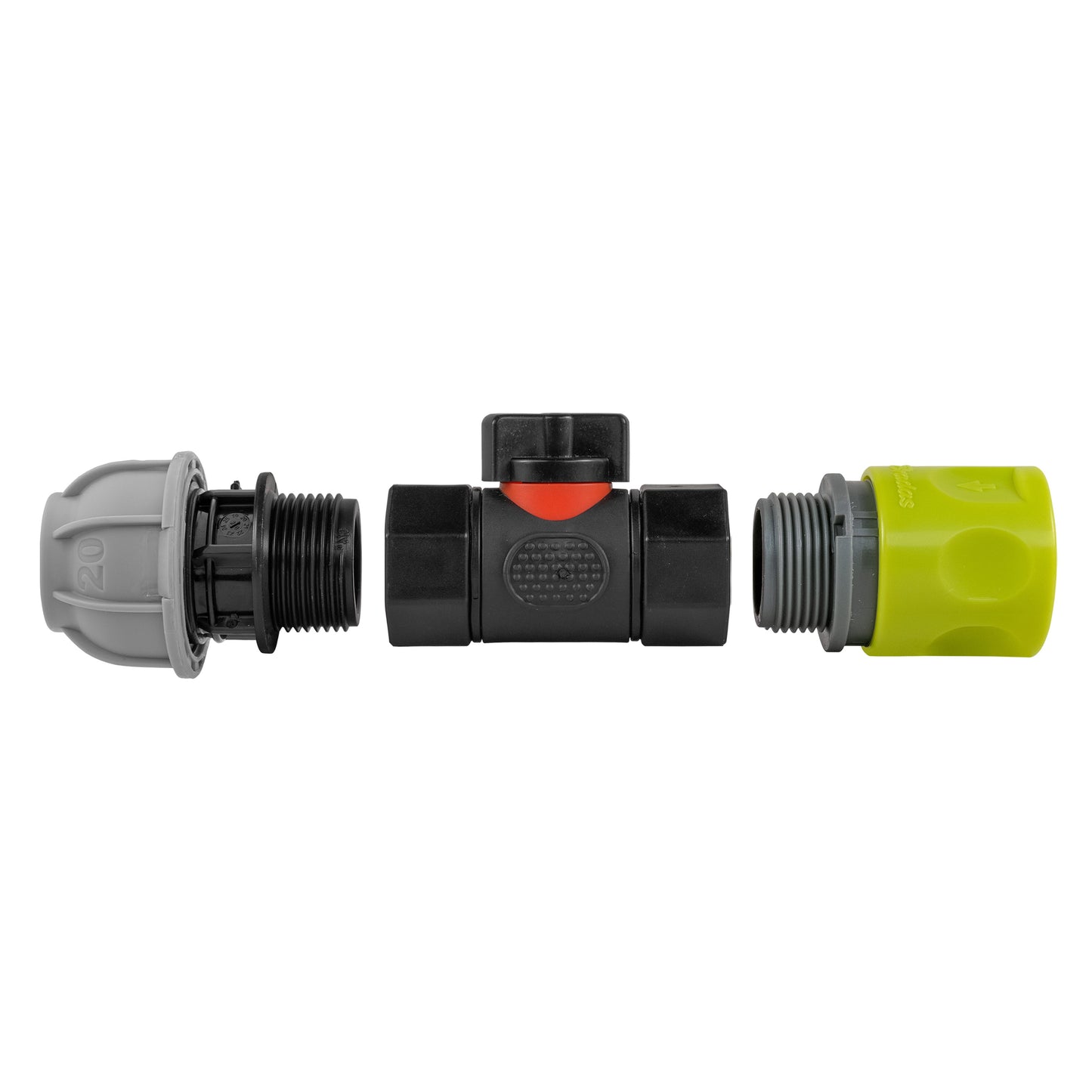 Hose Connector Lime with In-Line BSPF Valve and 20mm MDPE Straight Tap Adapter