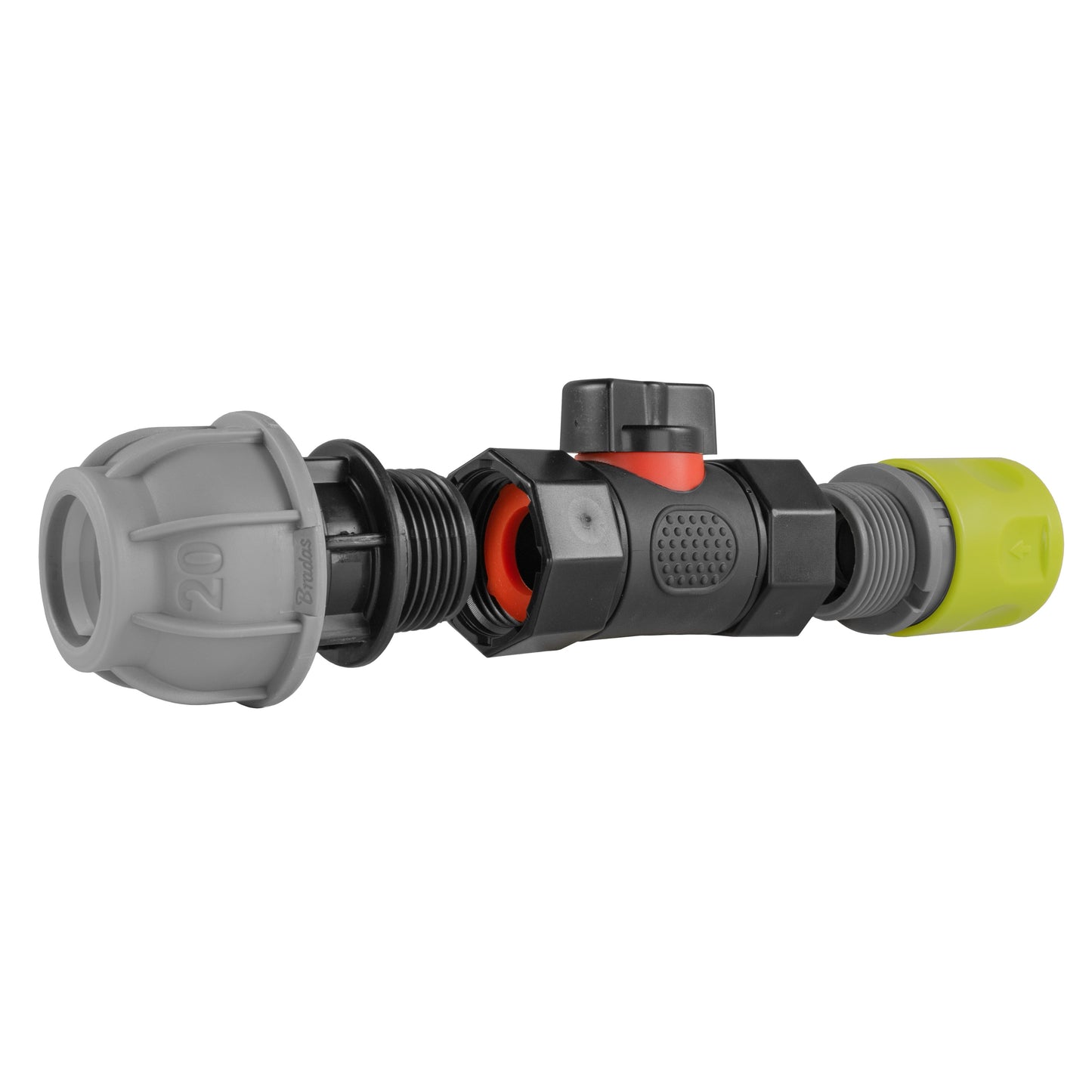 Hose Connector Lime with In-Line BSPF Valve and 20mm MDPE Straight Tap Adapter