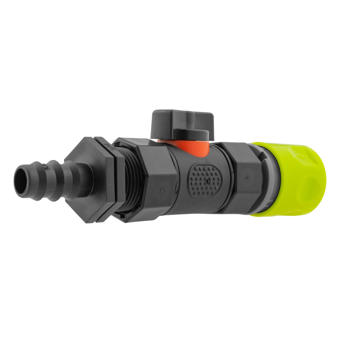 Hose Connector Lime with In-Line BSPF Valve and 16mm Barbed Straight Tap Adapter