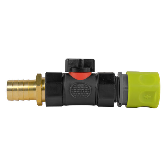 Hose Connector Lime with In-Line BSPF Valve and 19mm Brass Barb Garden Hose Pipe