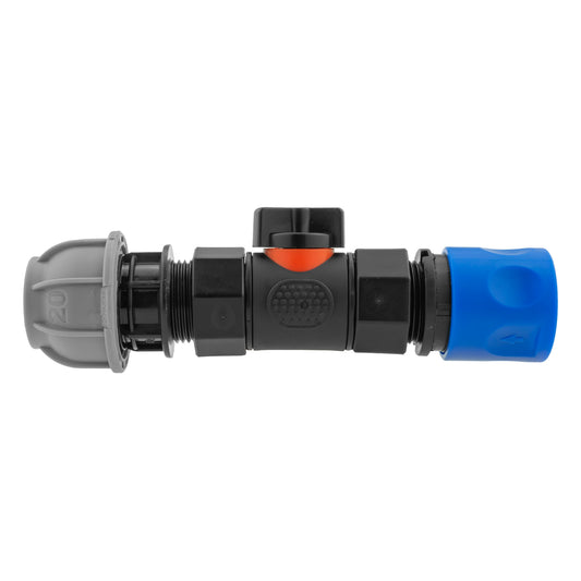 Hose Connector Blue with In-Line BSPF Valve and 20mm MDPE Straight Tap Adapter