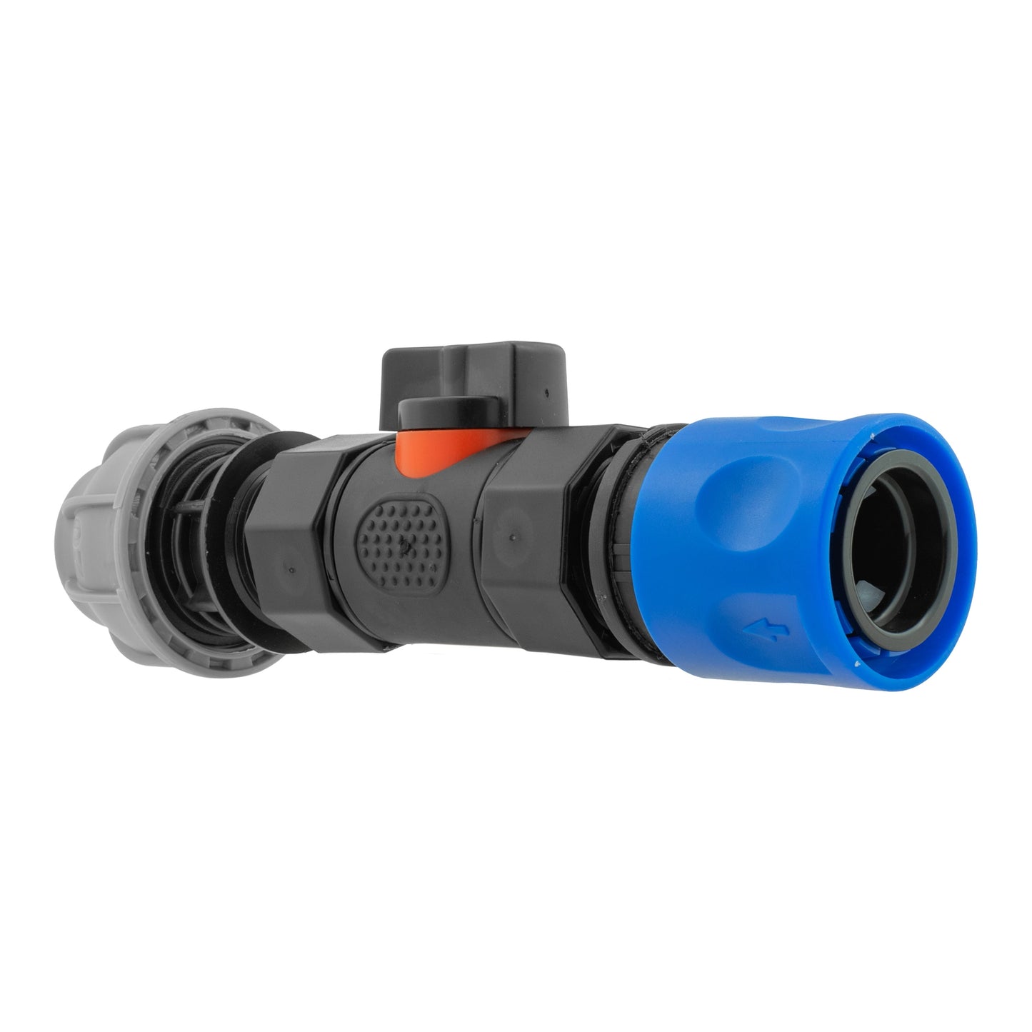 Hose Connector Blue with In-Line BSPF Valve and 20mm MDPE Straight Tap Adapter