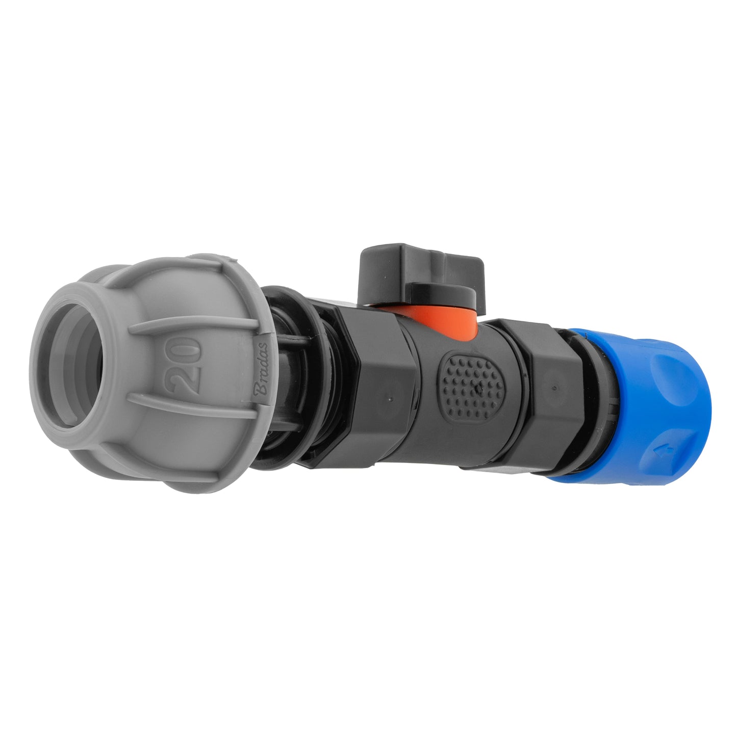 Hose Connector Blue with In-Line BSPF Valve and 20mm MDPE Straight Tap Adapter
