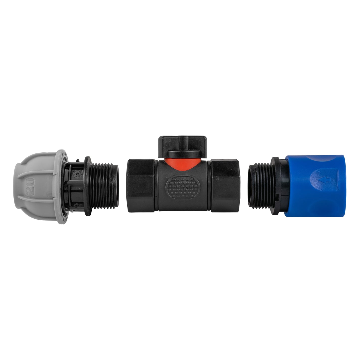 Hose Connector Blue with In-Line BSPF Valve and 20mm MDPE Straight Tap Adapter
