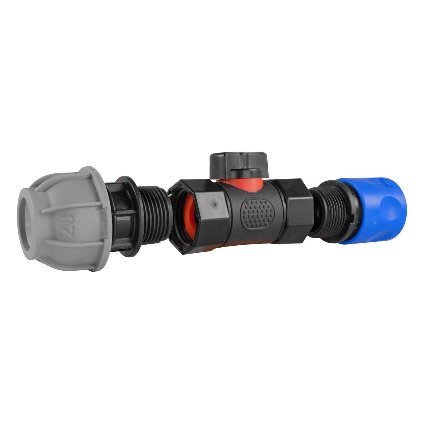 Hose Connector Blue with In-Line BSPF Valve and 20mm MDPE Straight Tap Adapter