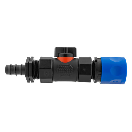 Hose Connector Blue with In-Line BSPF Valve and 16mm Barbed Straight Tap Adapter