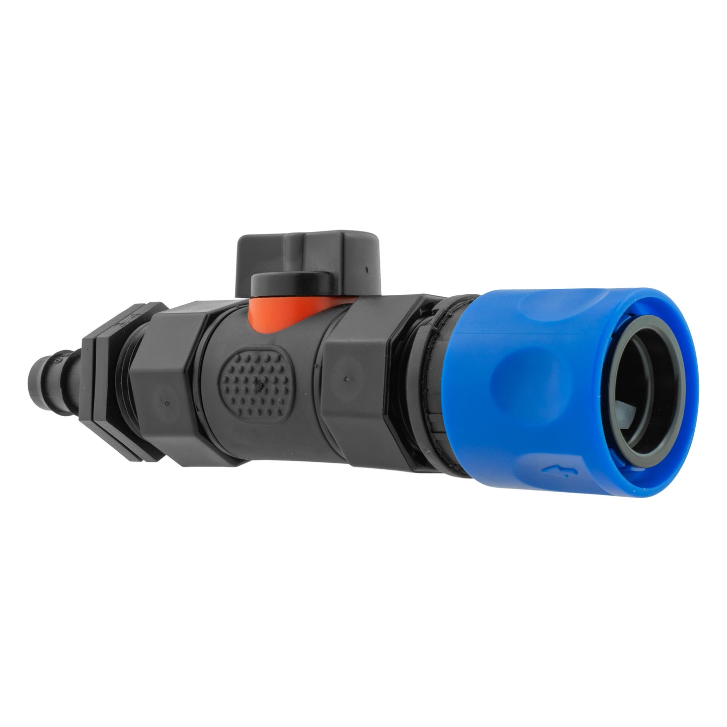 Hose Connector Blue with In-Line BSPF Valve and 16mm Barbed Straight Tap Adapter