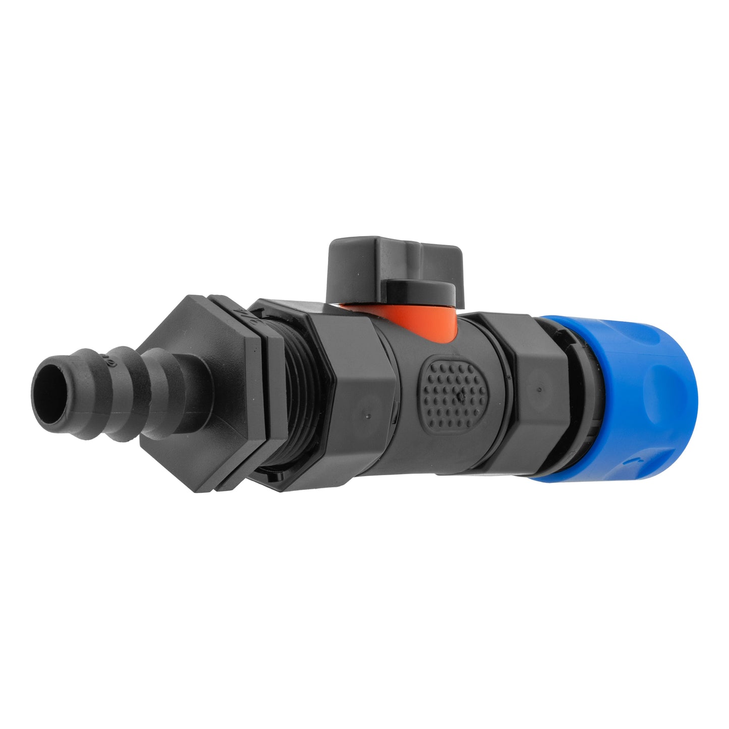 Hose Connector Blue with In-Line BSPF Valve and 16mm Barbed Straight Tap Adapter