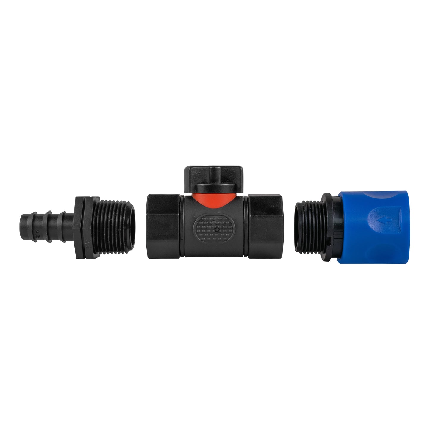 Hose Connector Blue with In-Line BSPF Valve and 16mm Barbed Straight Tap Adapter