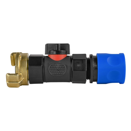 Hose Connector Blue with In-Line BSPF Valve and Geka Type Connector Tap Adapter