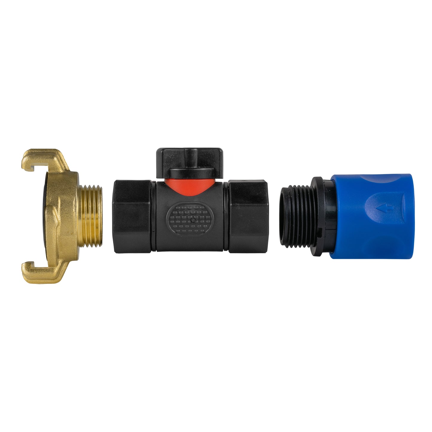 Hose Connector Blue with In-Line BSPF Valve and Geka Type Connector Tap Adapter