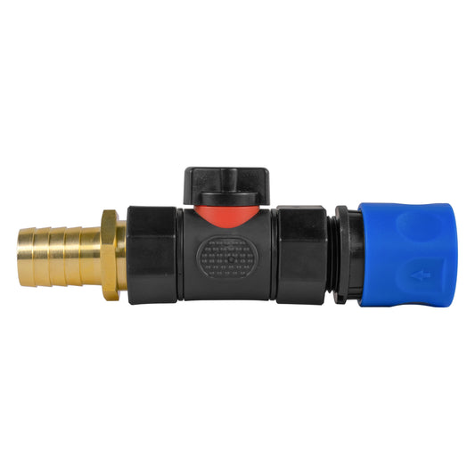Hose Connector Blue with In-Line BSPF Valve and 19mm Brass Barb Garden Hose Pipe