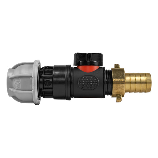 20mm MDPE Straight with In-Line BSPM Valve and 19mm Brass Barb Hose Pipe Fitting