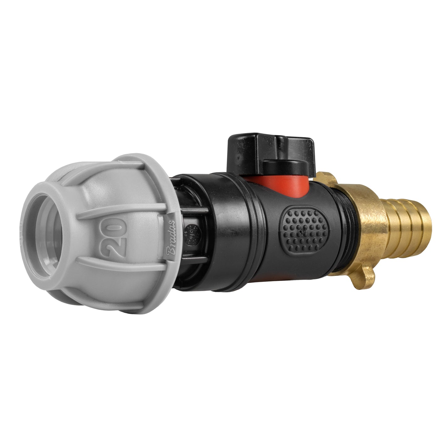20mm MDPE Straight with In-Line BSPM Valve and 19mm Brass Barb Hose Pipe Fitting