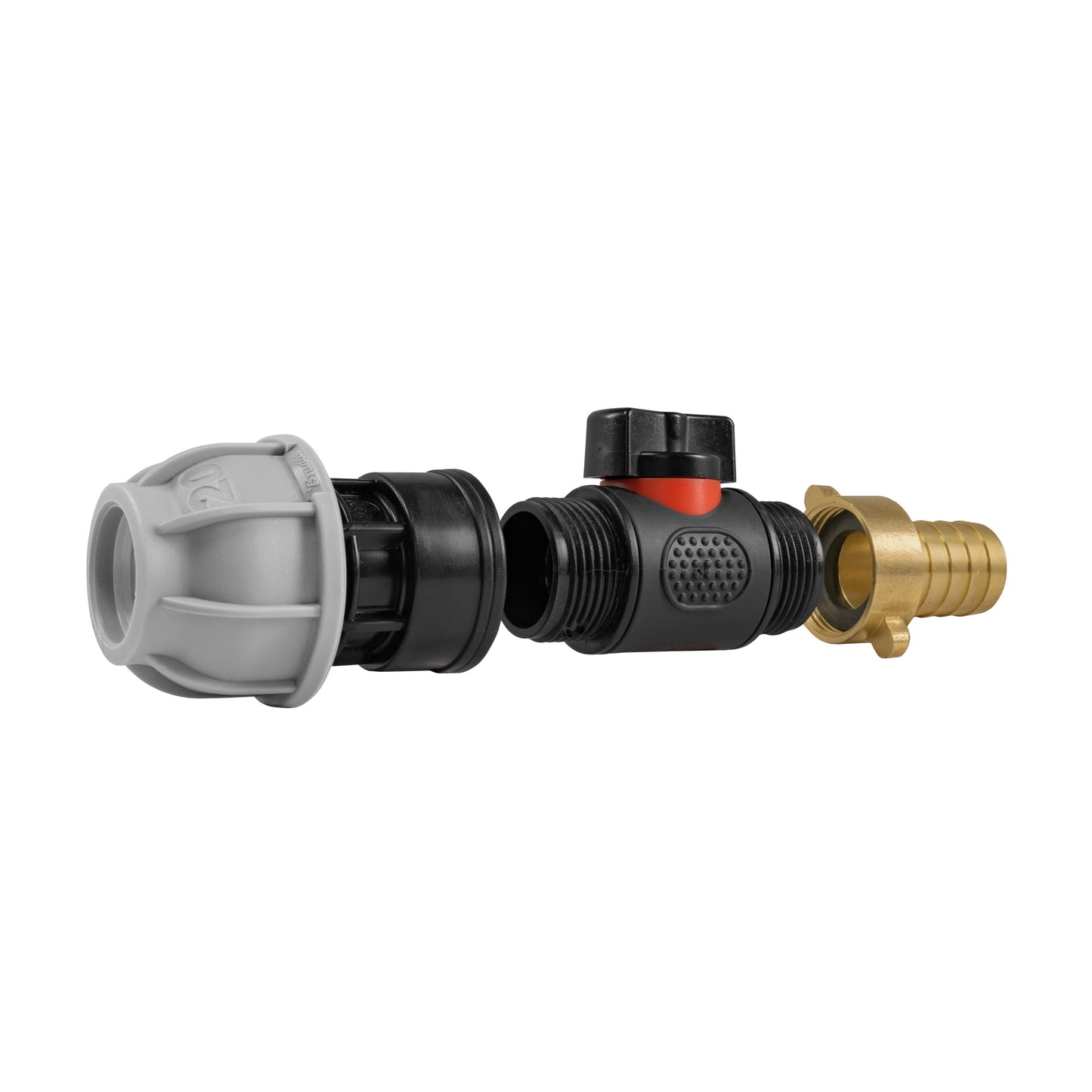20mm MDPE Straight with In-Line BSPM Valve and 19mm Brass Barb Hose Pipe Fitting