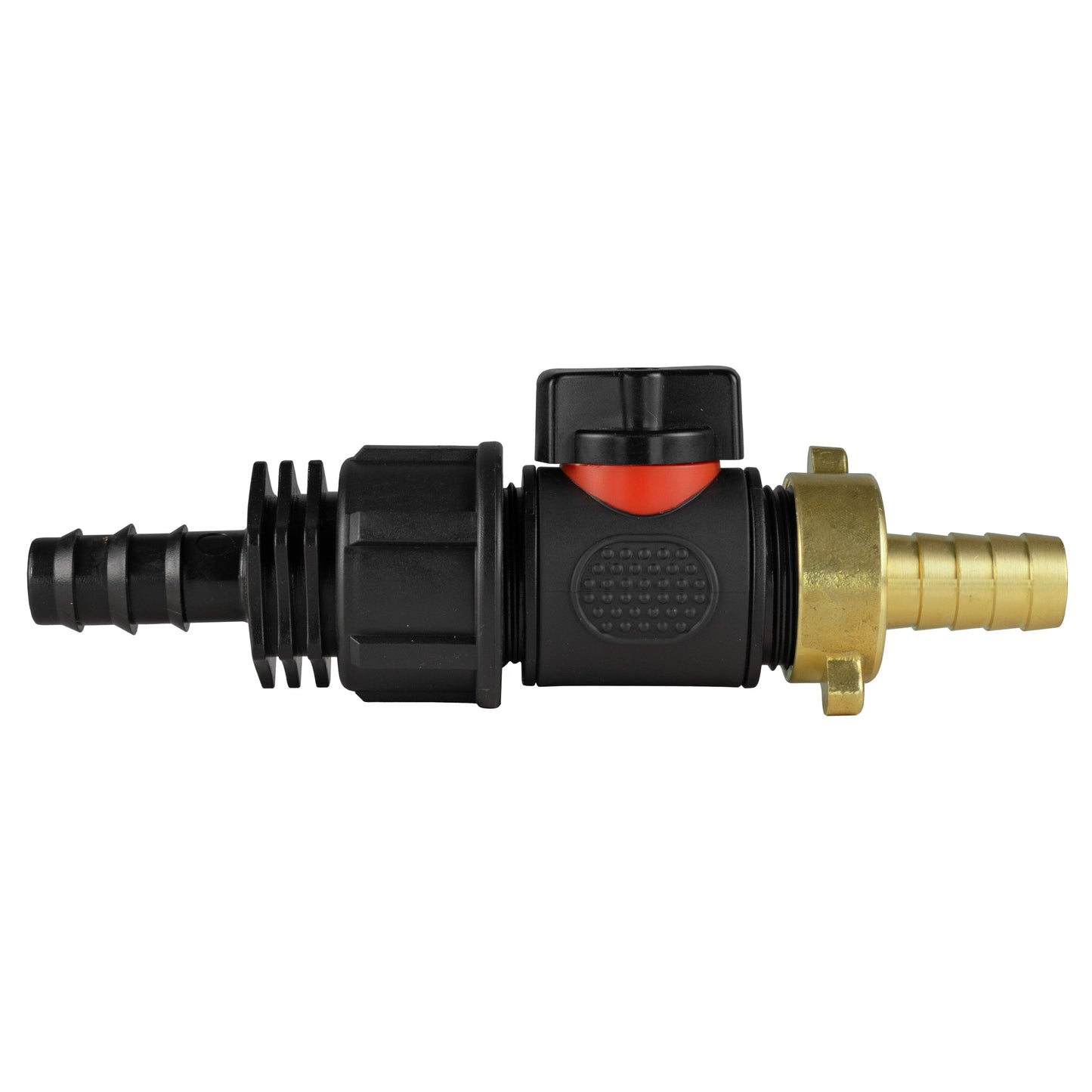 16mm Barbed Straight with In-Line BSPM Valve and 13mm Brass Barb Water Connector
