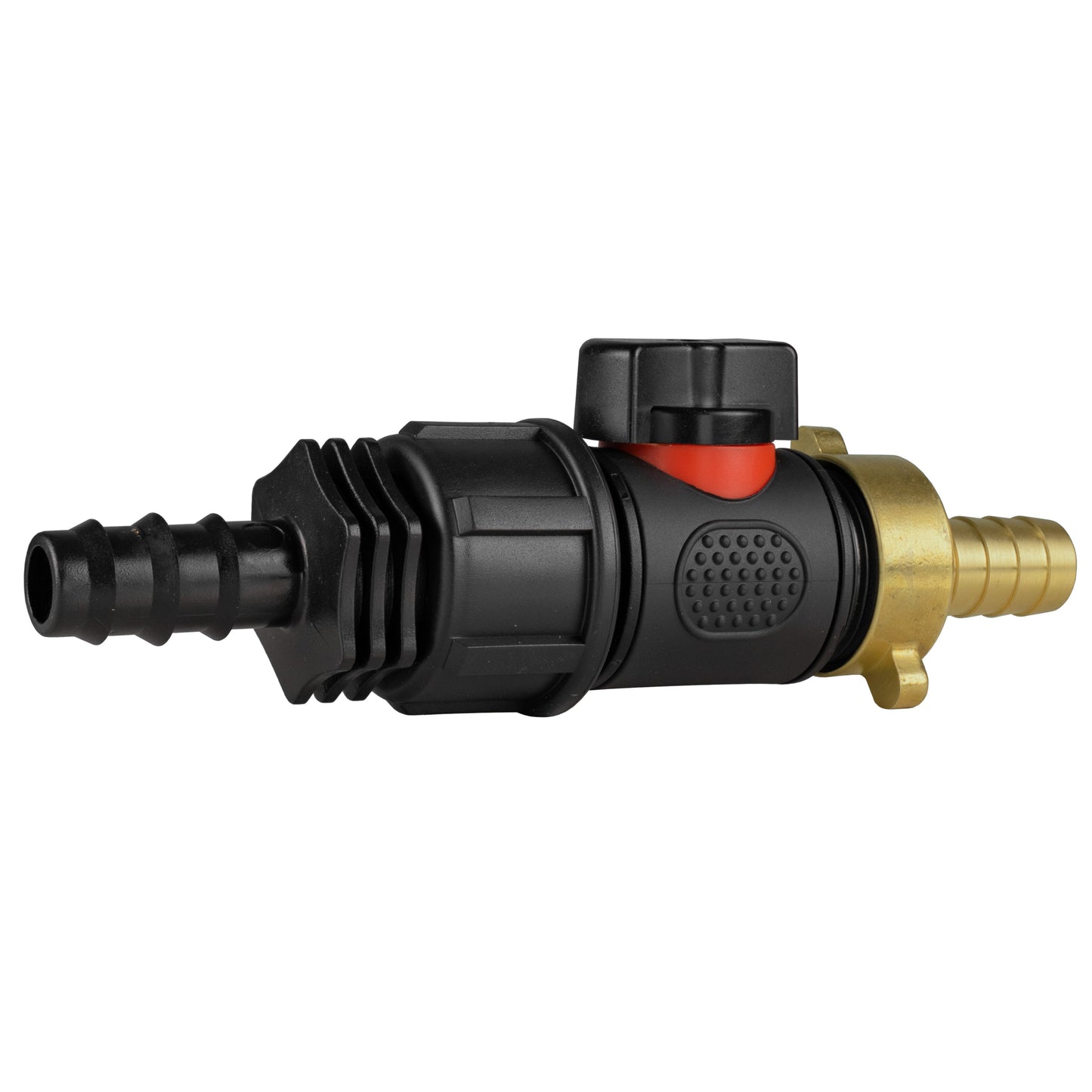 16mm Barbed Straight with In-Line BSPM Valve and 13mm Brass Barb Water Connector