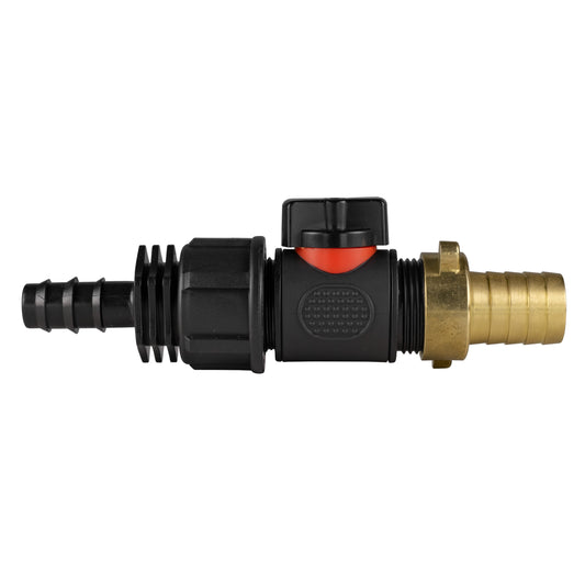 16mm Barbed Straight with In-Line BSPM Valve and 19mm Brass Barb Water Connector