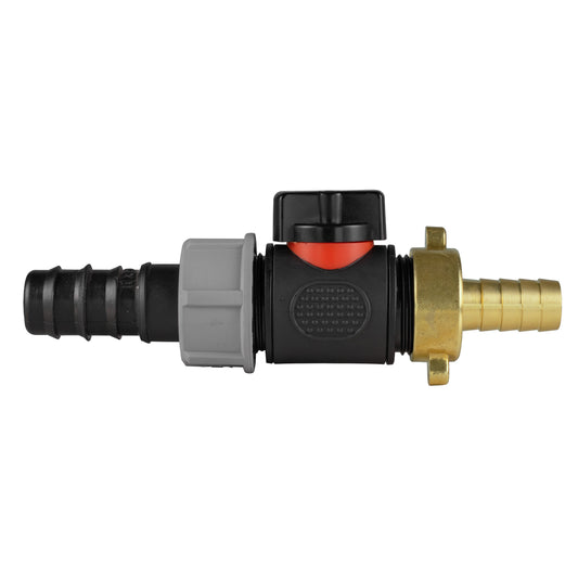 20mm Barbed Straight with In-Line BSPM Valve and 13mm Brass Barb Water Connector