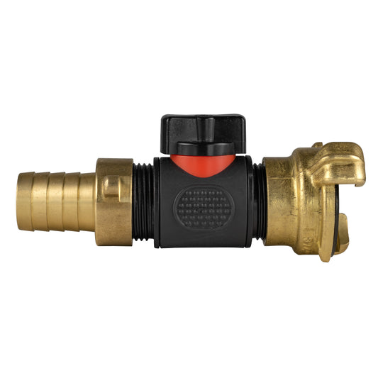 19mm Brass Barb with In-Line BSPM Valve and Geka Type Connector Water Connector