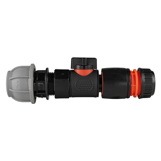 20mm MDPE Straight with BSPF-Quick Connect Valve and Hose Connector Black