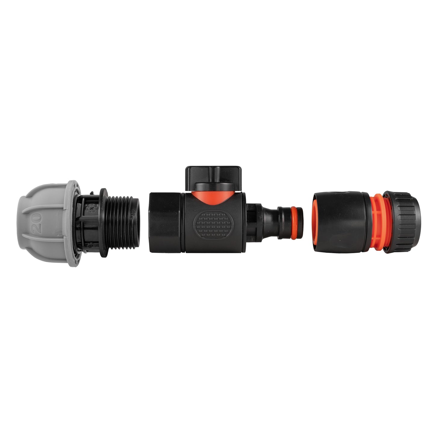 20mm MDPE Straight with BSPF-Quick Connect Valve and Hose Connector Black