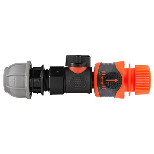 20mm MDPE Straight with BSPF-Quick Connect Valve and Hose Connector Lock