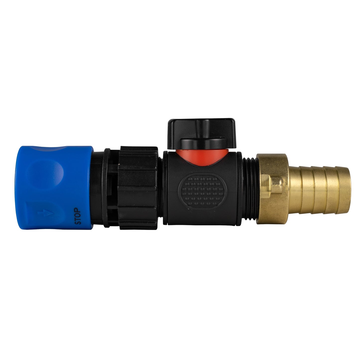 Hose Connector Blue with In-Line BSPM Valve and 19mm Brass Barb Water Connector