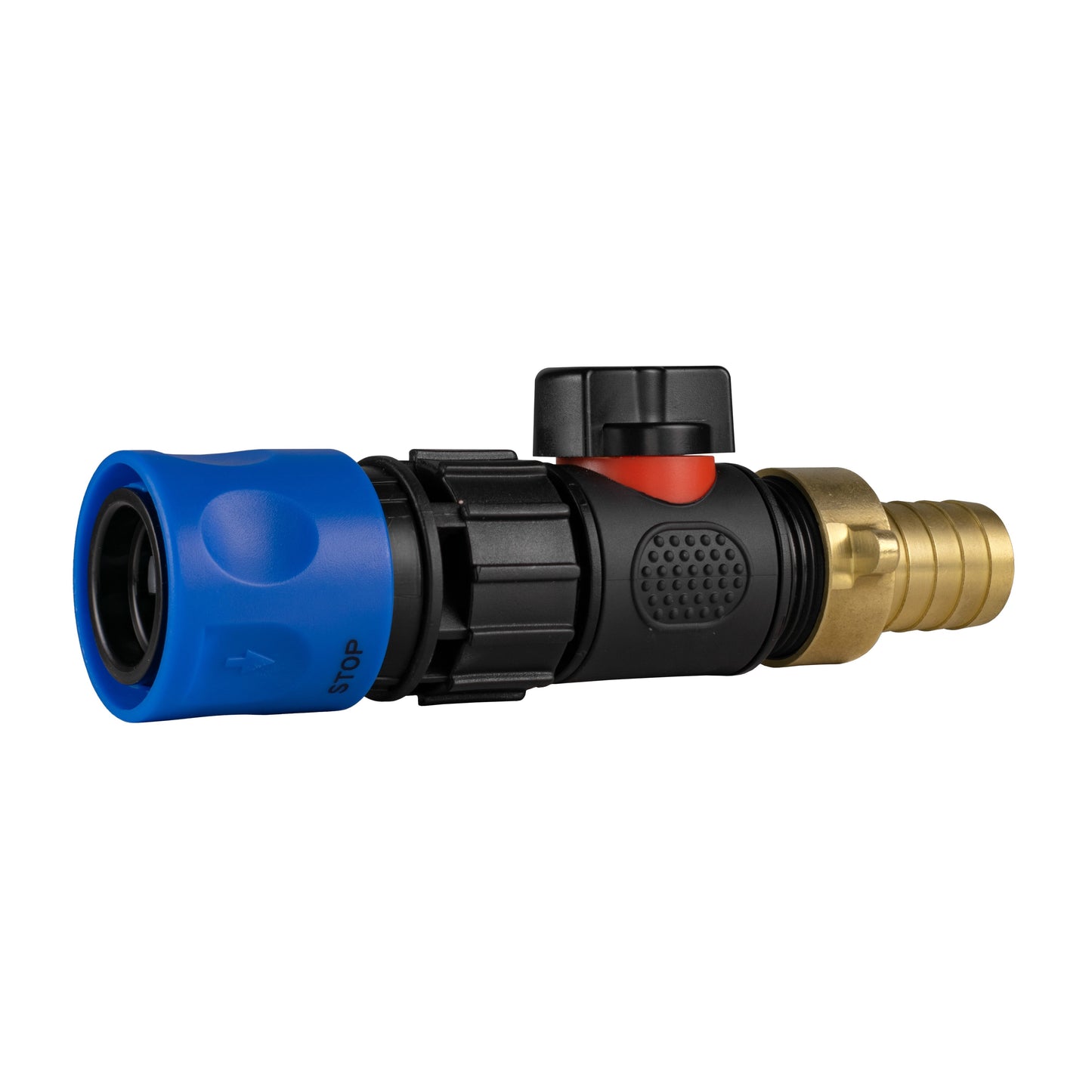 Hose Connector Blue with In-Line BSPM Valve and 19mm Brass Barb Water Connector