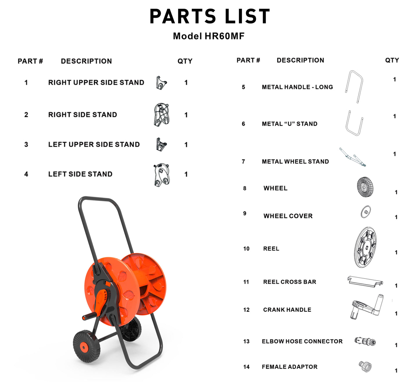 Hose Cart with Wheels for 60m 1/2in Garden Hose CW for Outdoor Hose Accessory