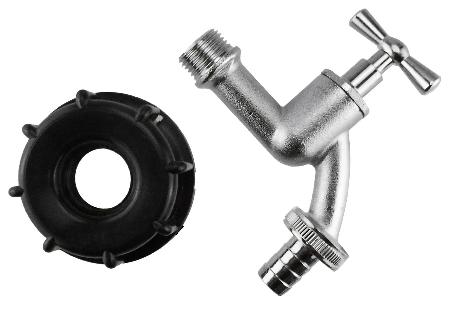 IBC 2 S60X6 Cap with Nickle Plated Bib Tap 1/2 Barb Garden Hose Pipe Tap Adapter