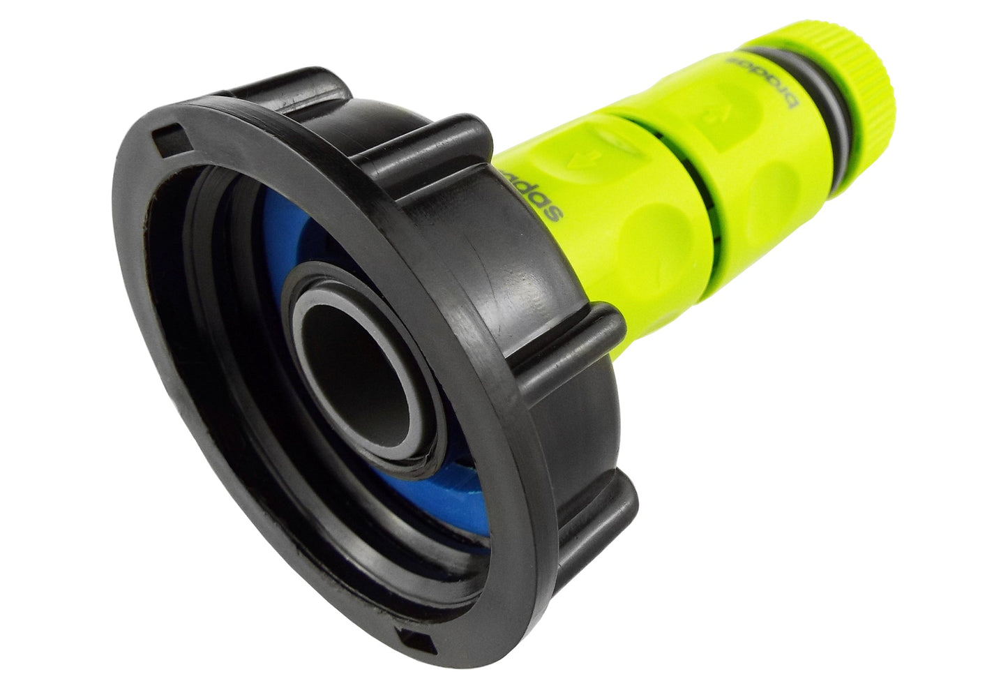 IBC 2 S60X6 Cap with Threaded Hose Fitting, Double Male and Hose Connector Lime