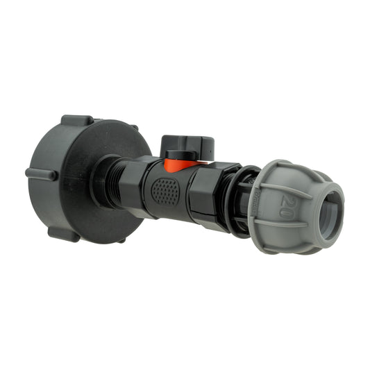 IBC 2 S60X6 Cap with In-Line BSPF Valve and MDPE Straight 20mm Hose Pipe Fitting
