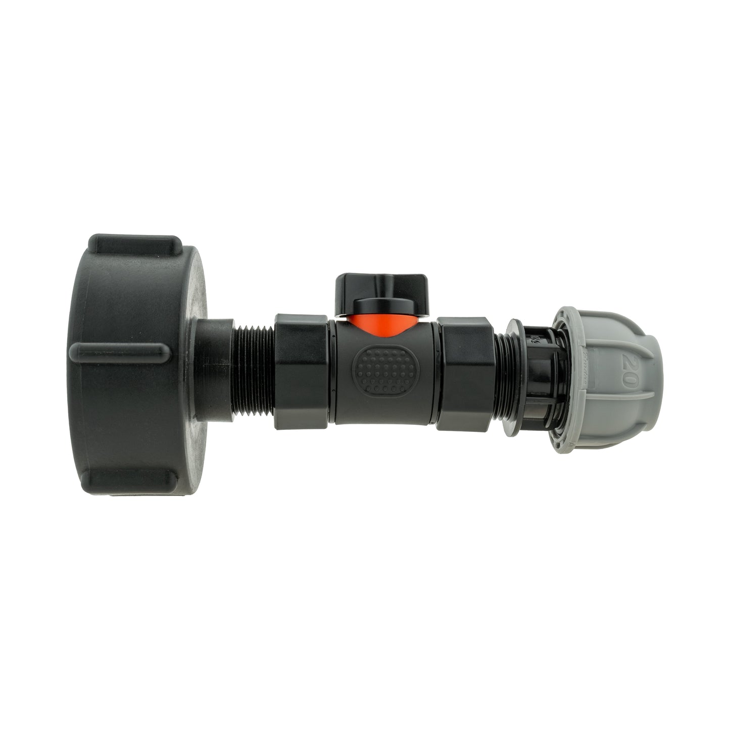 IBC 2 S60X6 Cap with In-Line BSPF Valve and MDPE Straight 20mm Hose Pipe Fitting