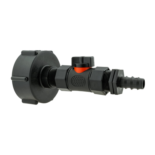 IBC 2 S60X6 Cap with In-Line BSPF Valve and 16mm Barbed Straight Water Connector