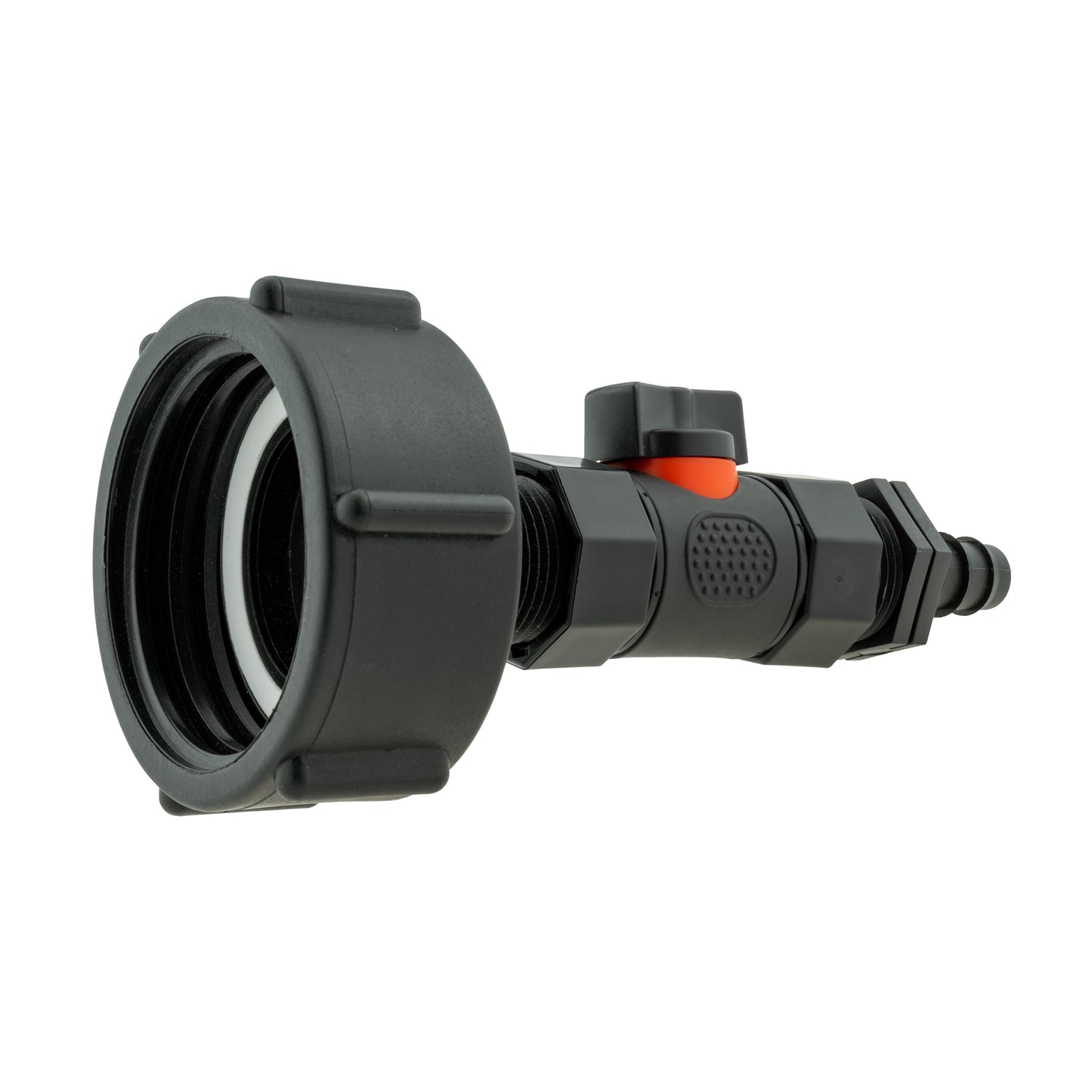 IBC 2 S60X6 Cap with In-Line BSPF Valve and 16mm Barbed Straight Water Connector