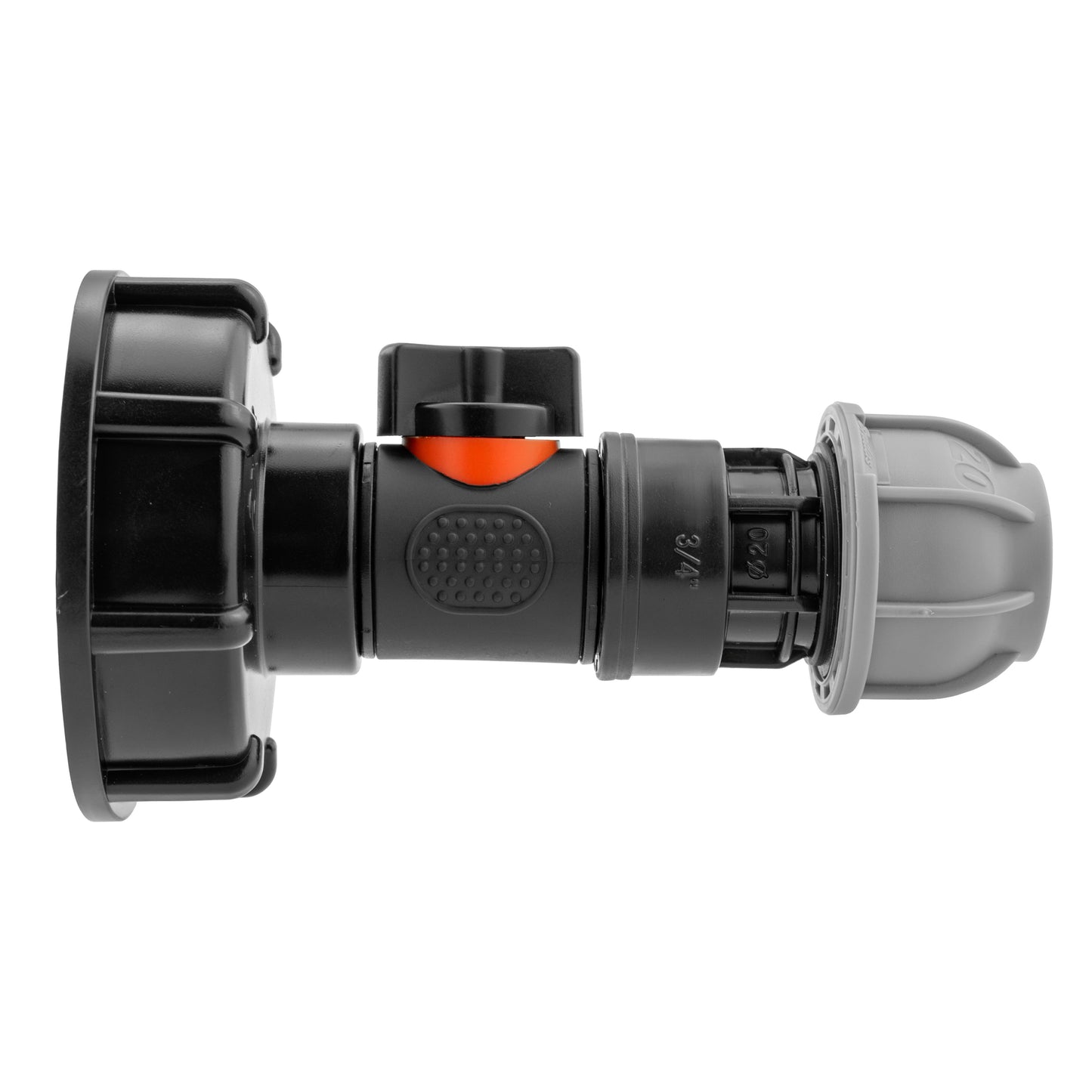IBC 2 S60X6 Cap with In-Line BSPM Valve and MDPE Straight 20mm Hose Pipe Fitting