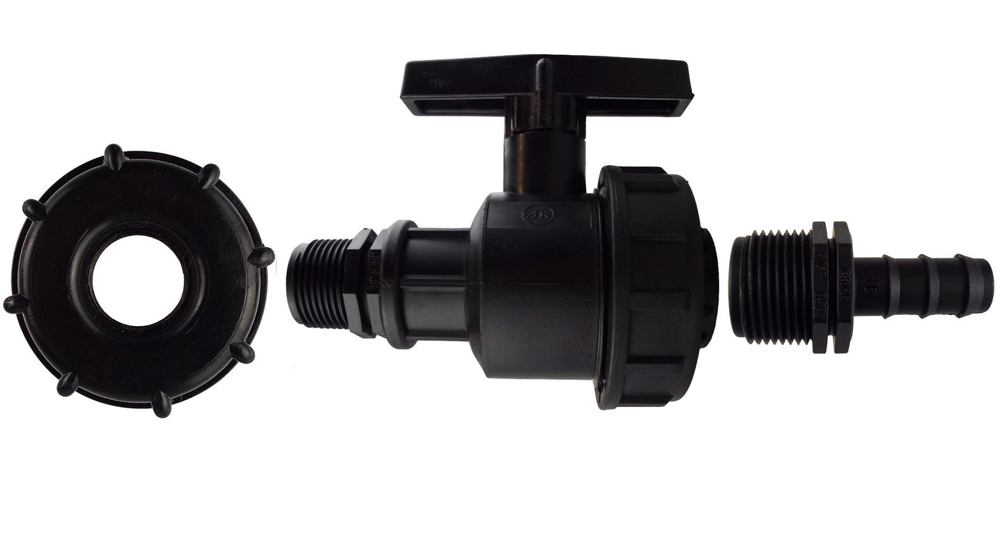 IBC 2 S60X6 Cap with Large Plastic Valve and 16mm Barbed Straight Barb Connector
