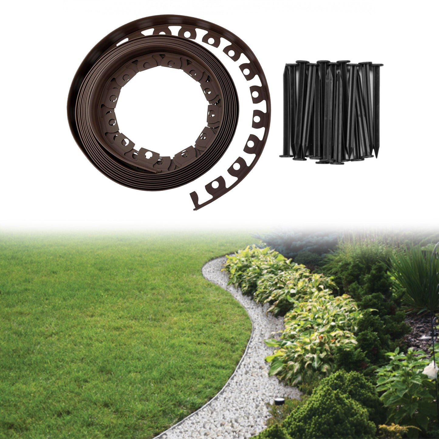 Lawn Border Set, Easy Border 60mm Brown 10m With Pegs for Home and Garden Use