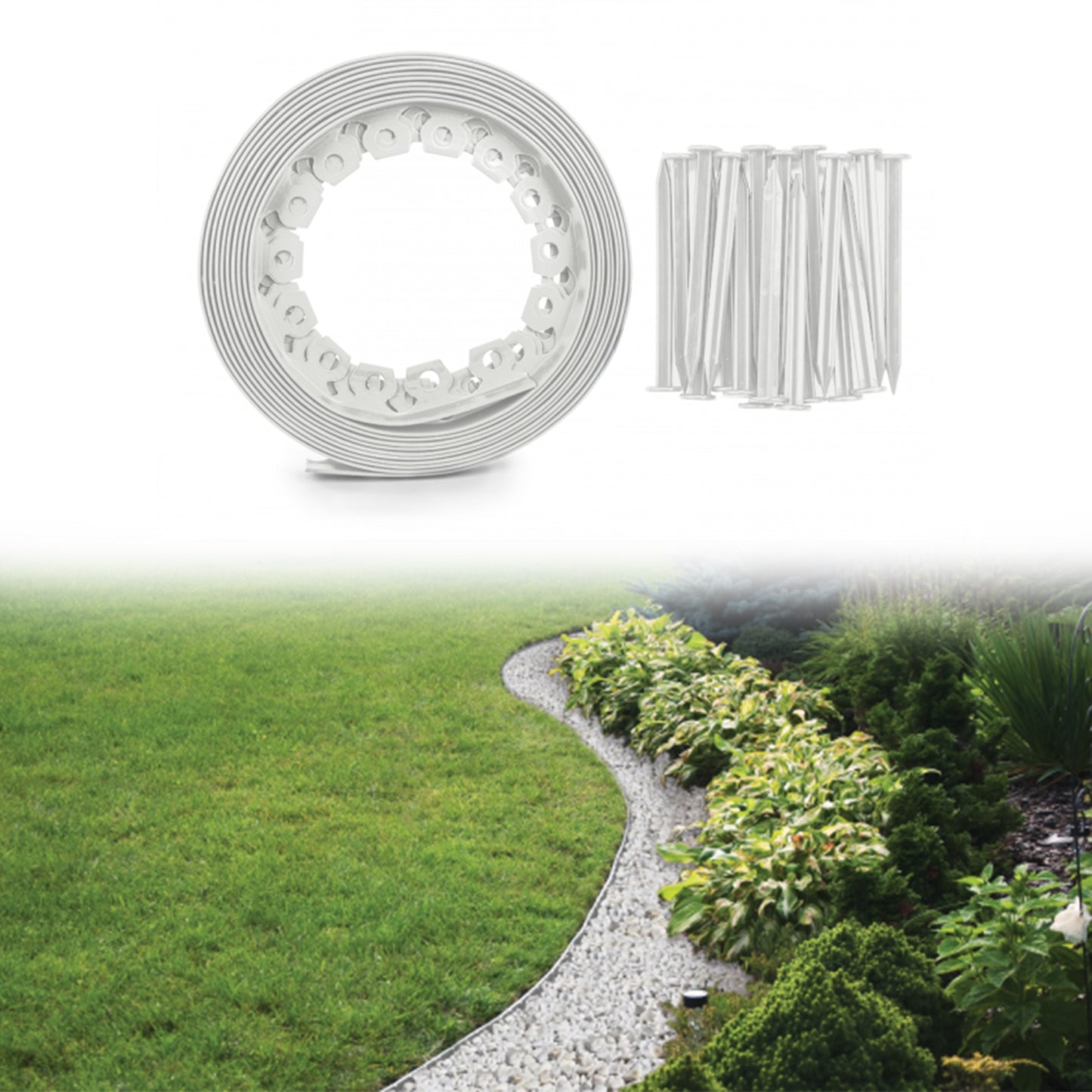 Lawn Border Set, Easy Border 40mm Light Gray 10m with Pegs for Landscape Fabric