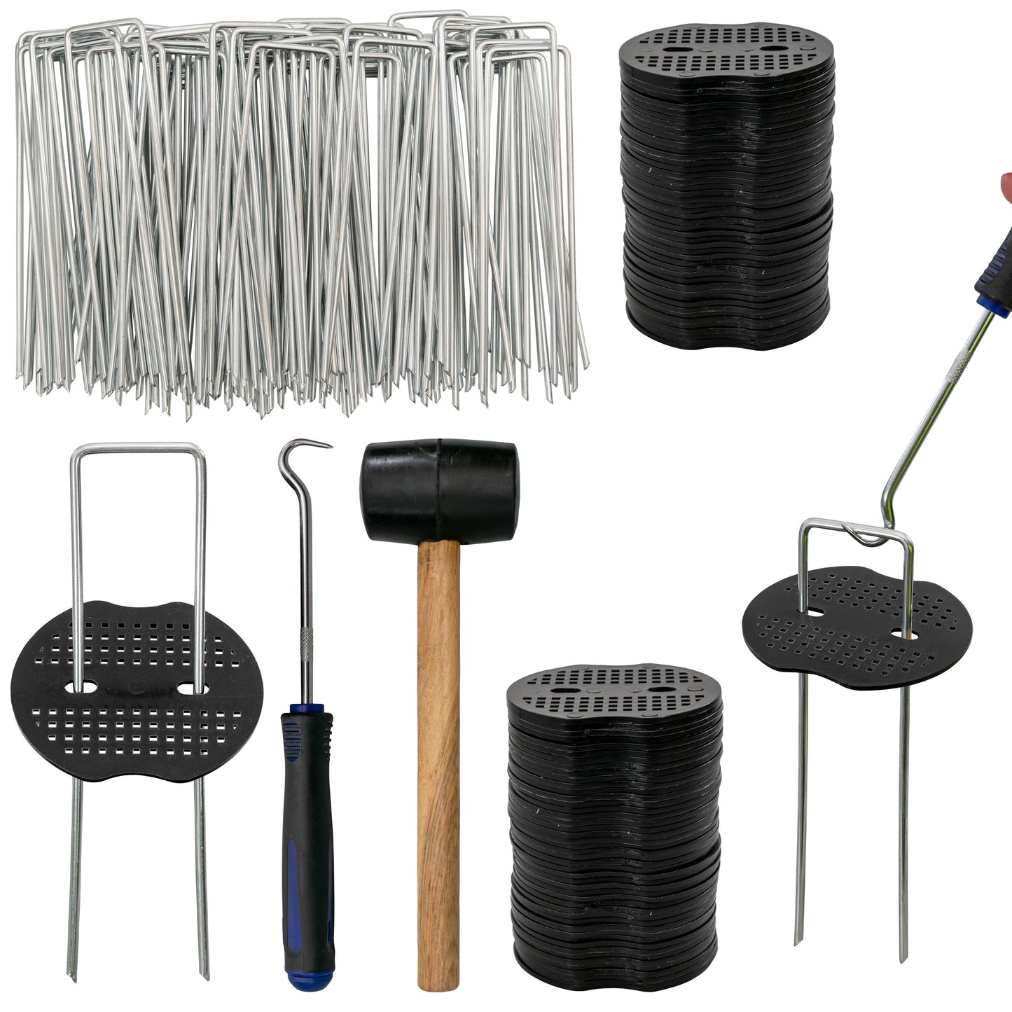 AP Supplies Weed Control Membrane Pegs Buffer Washer Set Blue with Rubber Mallet