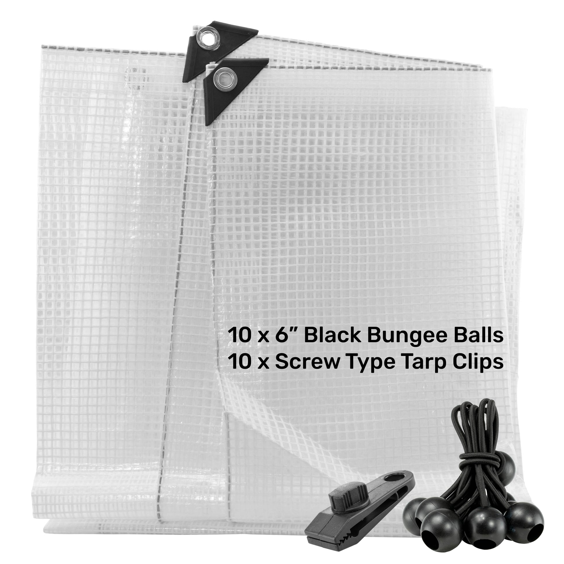 AP Supplies Clear M-Grade Tarpaulin with 10 x 6" Bungee Balls (Black) and 10 x Screw Type Tarp Clips - 1m x 1m