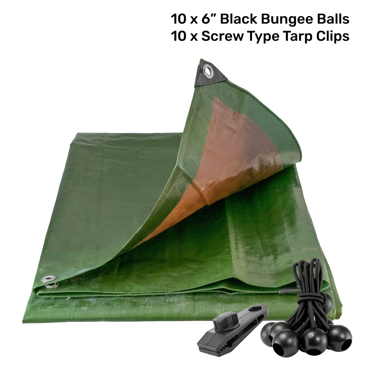 AP Supplies Green/Brown L-Grade Tarpaulin with 10 x 6" Bungee Balls (Black) and 10 x Screw Type Tarp Clips - 1m x 1m
